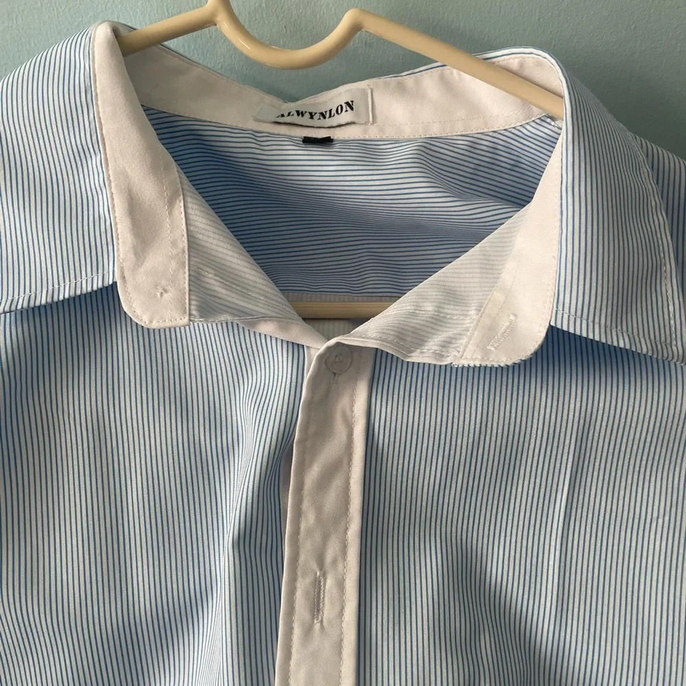 Mens Fashion Striped Shirt Casual Long Sleeve Light blue Xlarge brand new - Picture 5 of 6